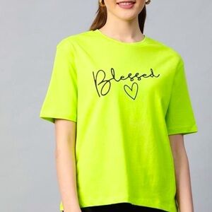 NEW! Girly Neon Green Graphic Heart & Blessed Baggy Short Sleeve T-Shirt